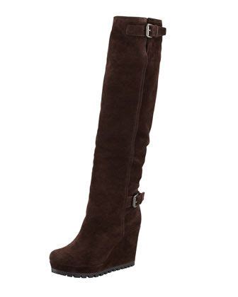 prada linea rossa double buckle suede wedge boot|Prada Suede Wedge Knee Boot .